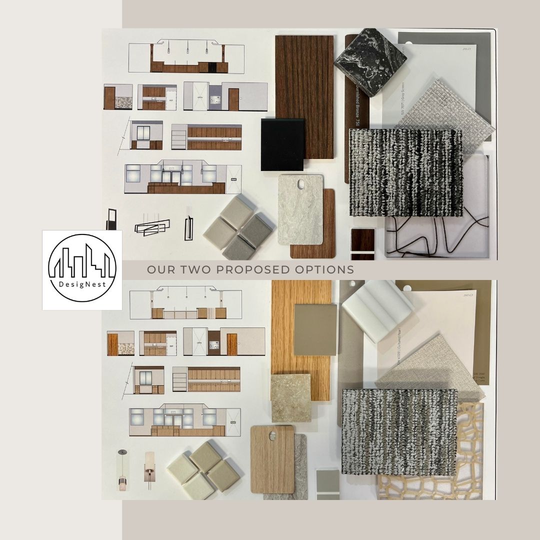 Designest Architectural's material and finish selection board showing two proposed design options